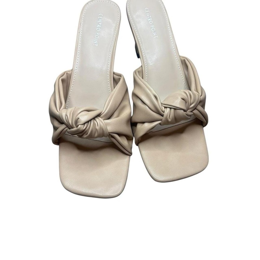 Centro Point Womens Square Toe Knotted Bow Mules Cream Nude Heel Sandals Size 10